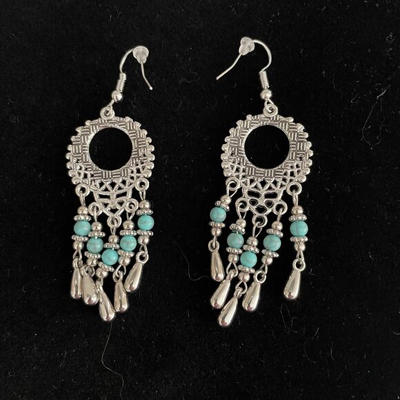 3/$17 Ethnic Inspired Silver and Faux Turquoise Dangle Pierced Earrings - Picture 3 of 3